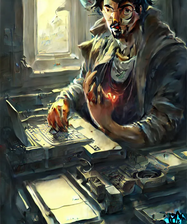 Image similar to Hacker man hacks computer, highly detailed, digital painting, artstation, concept art, smooth, sharp focus, illustration, art by artgerm and greg rutkowski and alphonse mucha