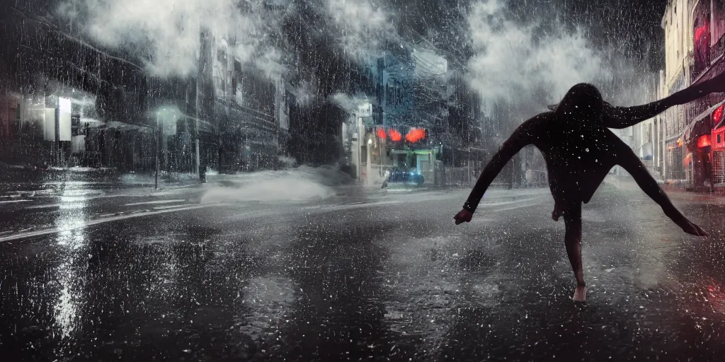 Image similar to slow motion with trail effect of futuristic break dancer wearing floating long dress, long exposure shot , at night in the middle of a rainy street, paddle of water, steam, fog, water splashes, rim lights, glossy reflections, water droplets on lens, octane render, dark and dramatic, explosion in the background, detailed and soft, fisheye