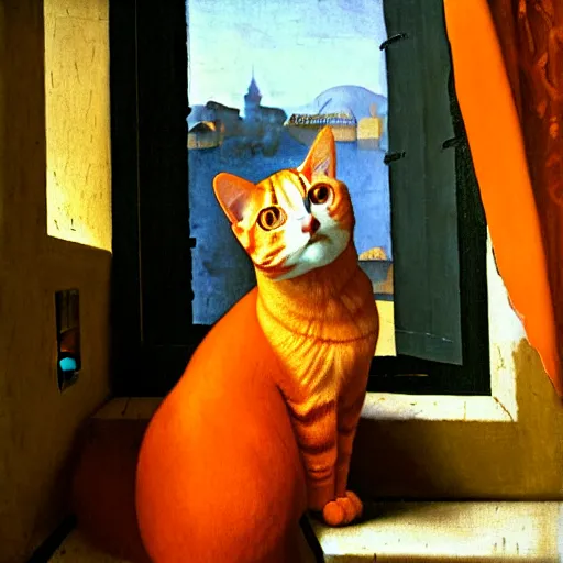 Image similar to a painting of an orange cat staring profoundly into the window, a detailed painting by johannes vermeer, behance, american scene painting, dutch golden age, detailed painting, academic art