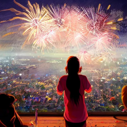 Image similar to girl watching watching fireworks on a hill, digital art, by ben weiner, richard estes, range murata, akiyuki shinbou, yoshitaka amano, wlop, highly detailed, realistic, cinematic, bold colours, photorealism, 4 k, wide angle lens, trending on artstation, artgerm