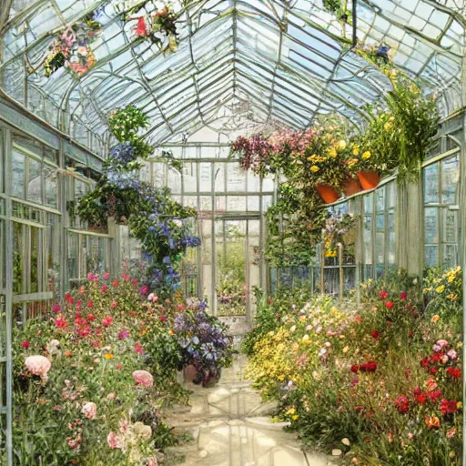 Image similar to a beautifull intricate watercolour painting of a greenhouse with many flowers, reflexions, verry high details by william turner art, greg rutkowski and alphonse mucha, trending on artstation, very very detailed, masterpiece, - h 7 0 4