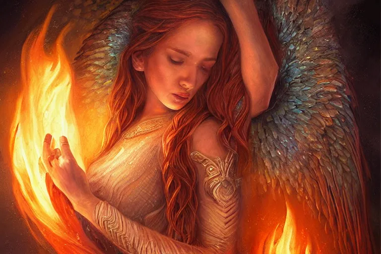 Image similar to Majestic painting of a beautiful young female fire goddess!! being corrupted by ice, intricate, epic, elegant, menacing, fantasy, highly detailed, digital painting, hard focus, beautiful volumetric lighting, epic light, ultra detailed, souls, smoke, icicle, frozen by Leesha Hannigan, Ross Tran, Thierry Doizon, Kai Carpenter, Ignacio Fernández Ríos