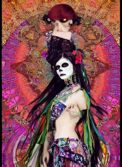 Image similar to cute punk goth fashion hippy fractal Día de los Muertos android girl wearing kimono made of circits posing by Zhang Jingna, psychedelic poster art of by Victor Moscoso Rick Griffin Alphonse Mucha Gustav Klimt Ayami Kojima Amano Charlie Bowater, masterpiece