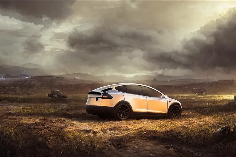 Prompt: Post-apocalyptic photo of a Tesla Model X on a rugged farm in futuristic Iowa, dramatic lighting, cinematic, establishing shot, extremely high detail, photorealistic, cinematic lighting, post-processed, concept art, artstation, matte painting, style by eddie mendoza, raphael lacoste, alex ross