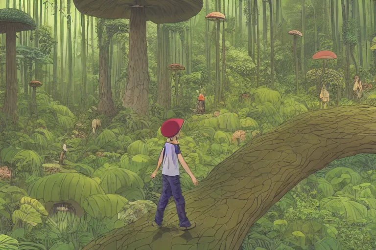 Prompt: insane perspective down view of a young adventurer boy with a hat on a large open path entering a vast fantasy jungle with a distant clearing, giant mushrooms, large white paradise birds flying, exotic vegetation, large rocks with thick moss, large jungle flowers, huge suspended wooden bridge, very graphic illustration by moebius and victo ngai, ghibli spirited away vibe, dynamic lighting, early morning mood