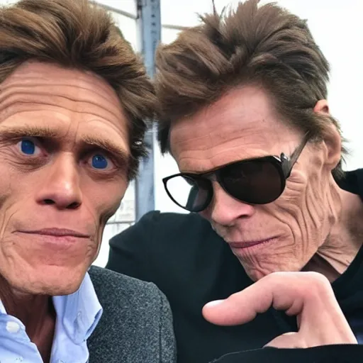 Prompt: Willem Dafoe and Jerma taking a selfie together, Willem Dafoe is on the left, Jerma is on the right, Willem Dafoe is wearing dark gray sweater and a black blazer, Jerma is wearing a light gray sweatshirt, 4k resolution, 8k resolution, HD Quality, highly detailed, very detailed, detailed, studio quality lighting, digital art, trending on artstation