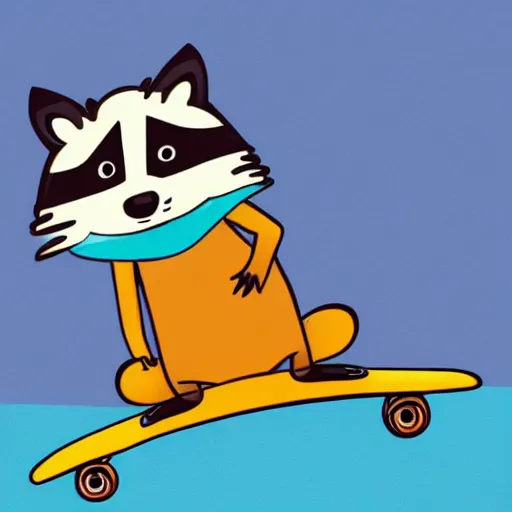 Prompt: cartoon illustration of a raccoon riding a skateboard