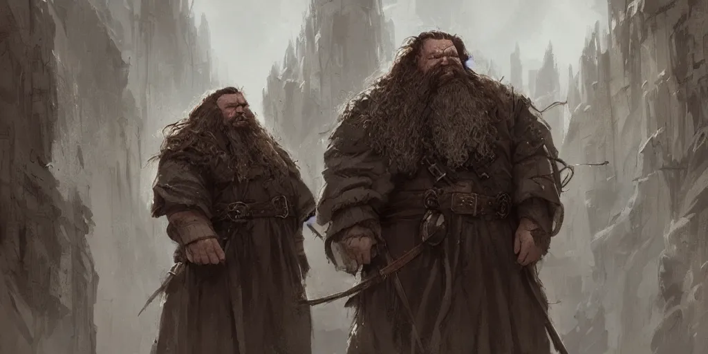 Image similar to gimli, hagrid, two people, dwarf, giant, character design, greg rutkowski