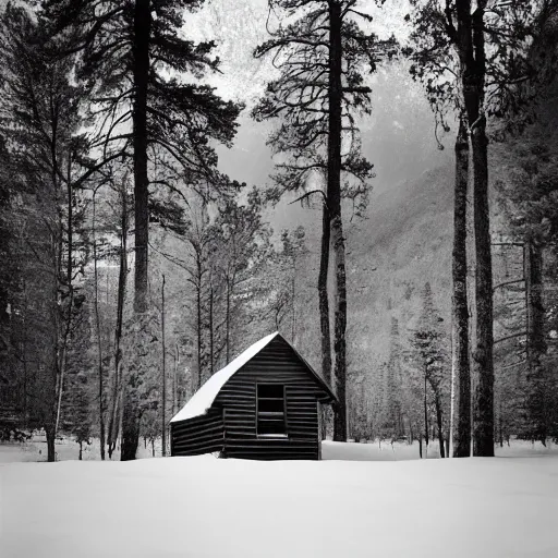 Prompt: an Eerie cabin in the middle of the woods in the style of Ansel Adams