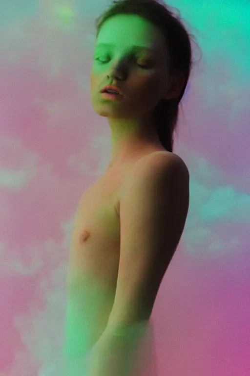 Image similar to high quality pastel coloured film close up wide angle photograph of a model wearing clothing swimming on cloud furniture in a icelandic black rock!! environment in a partially haze filled dreamstate world. three point light, rainbow. photographic production. art directed. pastel colours. volumetric clouds. pastel gradient overlay. waves glitch artefacts. extreme facial clarity. 8 k. filmic.