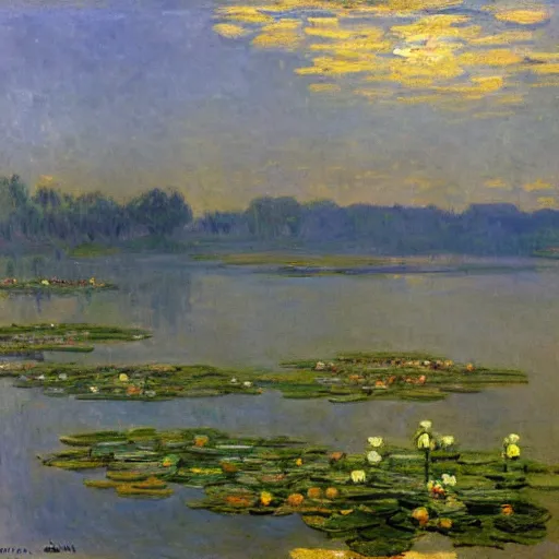 Prompt: painting of a lake, by Isaac Levitan, water lillies, monet, atmospheric, impasto