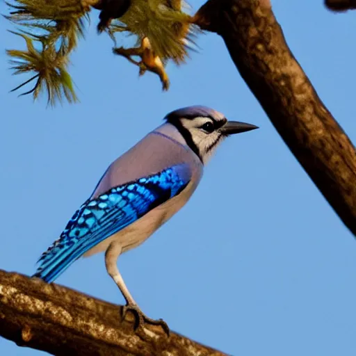 Prompt: a Bluejay over the sun on a limb