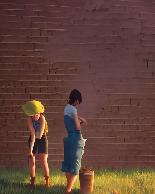 Prompt: ! dream a bricklayer girl making a brick wall on a farm, perfect shading, atmospheric lighting, by makoto shinkai, stanley artgerm lau, wlop, rossdraws