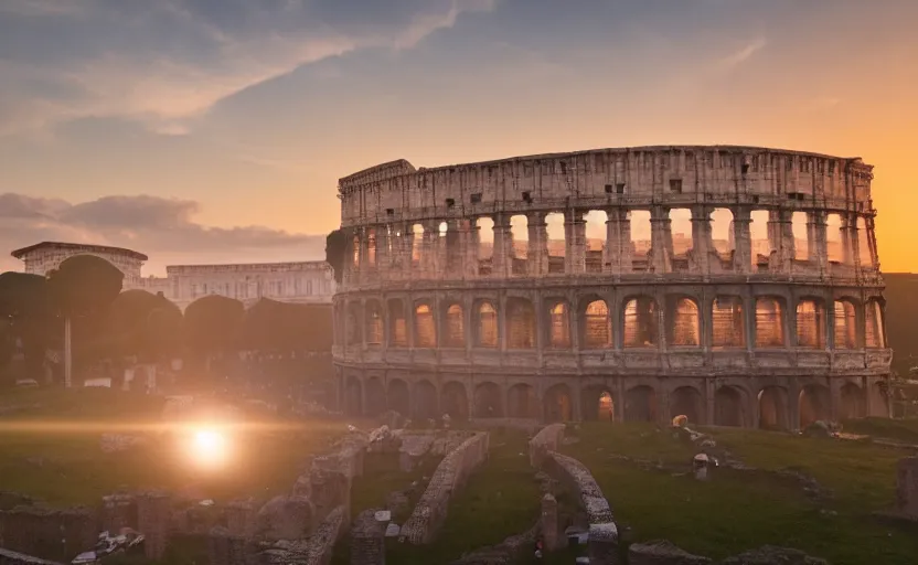 Prompt: a ufo flying saucer in the sky attack colosseum in rome at sunset, foggy volumetric light, a beam of light from the ufo, cinematic trending on artstation