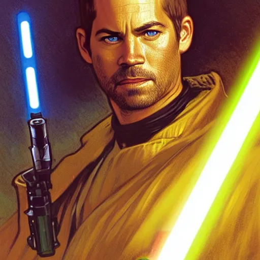 Image similar to Paul Walker as a jedi with lightsaber by Stanley Artgerm Lau, greg rutkowski, thomas kindkade, alphonse mucha, loish, norman Rockwel