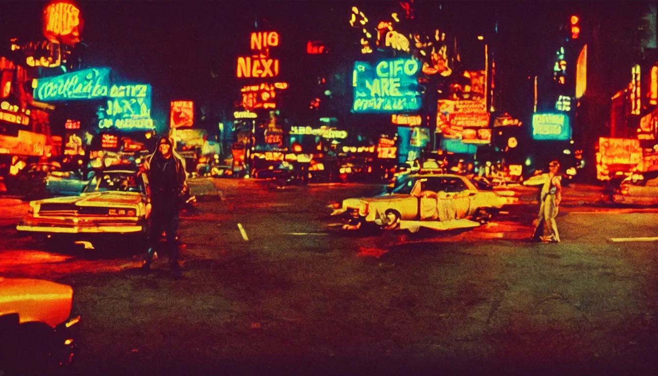 Prompt: 8 0 s polaroid photo, cinema still from movie taxi driver, sleazy man watching night streets, neon signs, colorful haze, americana, high production value, 8 k resolution, hyperrealistic, photorealistic, high definition, high details, tehnicolor, award - winning photography, masterpiece, amazing colors