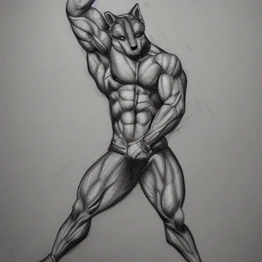 Prompt: master furry artist pencil drawing full body portrait character study of the anthro male anthropomorphic wolf fursona animal person wearing gym shorts bodybuilder at gym