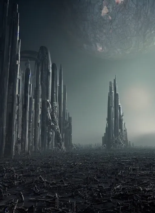 Prompt: exoplanet landscape, abandoned alien megastructure designed by giger, towering skeletal temple skyscrapers, beksinski, hr giger, kubrick, black clouds, octane render, cinematic,