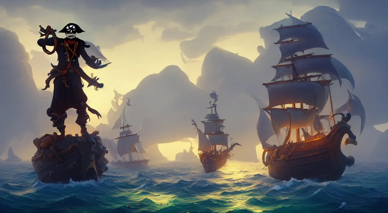 Prompt: a wide shot of a stylized 3D CGI game art pirate standing on the front of the ghost ship with the black Jolly Roger flag, the ghost ship is in the middle of the ocean, volumetric lighting, fantasy art overwatch and heartstone, by RHADS, cgsociety, matte painting, artstation hq, octane render, 8k,