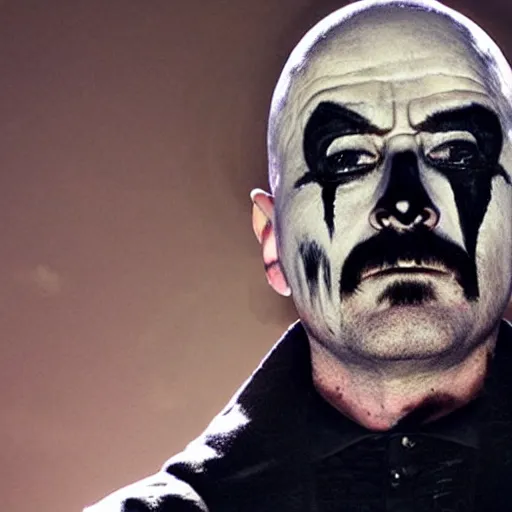 Prompt: walter white wearing corpse paint, performing in black metal concert