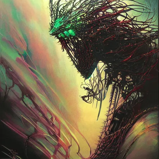 Image similar to a simple concept art portrait of a predatory robotic species. an award winning yoshitaka amano digital art poster color painting. a masterpiece by james gurney. poster colour on canvas.