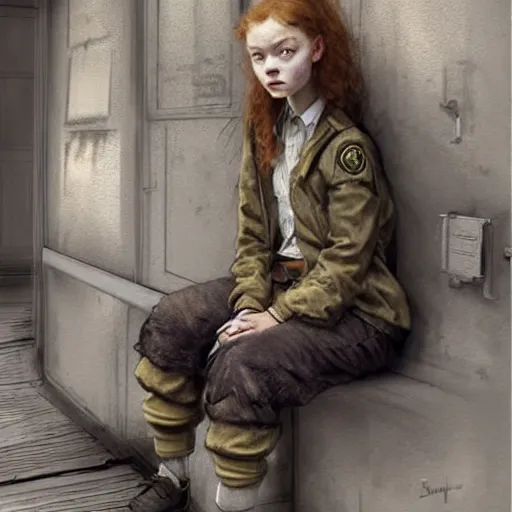 Image similar to sadie sink in oversized school uniform. waits on a bench | a bench along a wall. next to a door. in an office building. concept art for scifi dystopian film. by nikolay makovsky, bob byerley, wadim kashin, andrea kowch. cinematic moody atmosphere, detailed and intricate, perfect anatomy