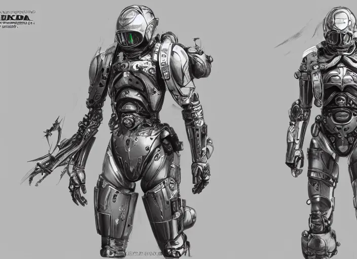 Image similar to front and back character view of Ludens from Kojima Productions by Donato Giancola, Trending on artstation and pixiv concept art and sheet