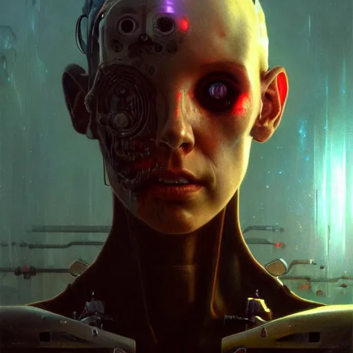 Image similar to horror digital concept art portrait of a high - tech cyborg on a depth of field background, artstation, award - winning realistic sci - fi concept art by jim burns and greg rutkowski, beksinski, a realism masterpiece, expressive color palette, james gilleard, bruegel, alphonse mucha, and yoshitaka amano