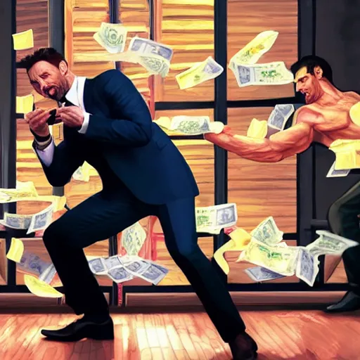 Prompt: action shot of hugh jackman at a GTA V dance club taking selfies with friends and a pile of cash in the background, 8K, highly detailed, photo realistic, high energy, artstation, by Stuart Ng