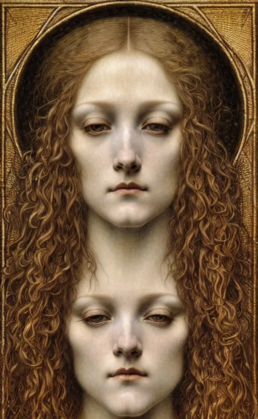 Image similar to detailed realistic beautiful young medieval queen face portrait by jean delville, gustave dore and marco mazzoni, art nouveau, symbolist, visionary, gothic, pre - raphaelite. horizontal symmetry