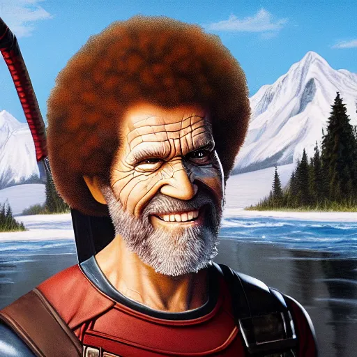 Image similar to a closeup photorealistic photograph of bob ross working on a canvas painting of deadpool. film still. brightly lit scene. mountains and trees. this 4 k hd image is trending on artstation, featured on behance, well - rendered, extra crisp, features intricate detail, epic composition and the style of unreal engine.