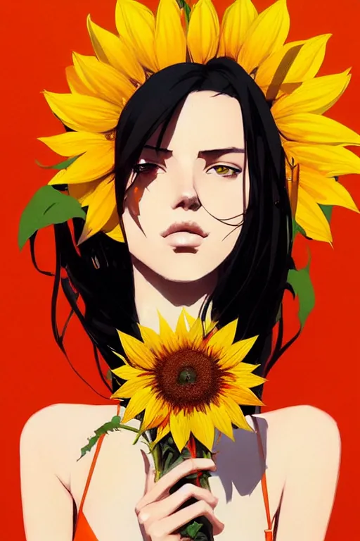 Image similar to a ultradetailed beautiful panting of a stylish woman holding a sunflower, by conrad roset, greg rutkowski and makoto shinkai, trending on artstation