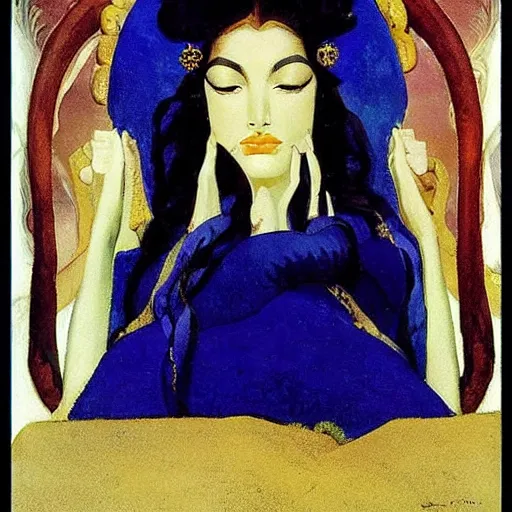 Prompt: a naturalist beautiful beautiful gorgeous vintage painting of a portrait of a queen with dark curly hair and fair pale skin on a throne by nicholas roerich by gustave moreau, by eyvind earle by bruce pennington