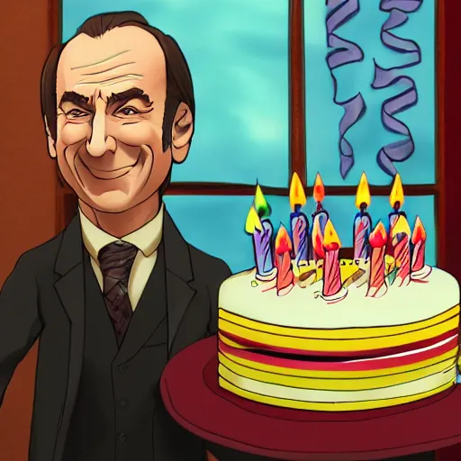 Image similar to saul goodman, smiling, holding a birthday cake, anime art, trending on artstation