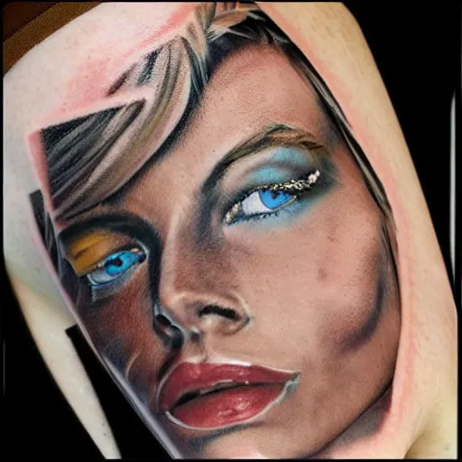 Image similar to face morph tattoo design sketch of margot robbie blended in beautiful mountain scenery, in the style of den yakovlev, amazing detail