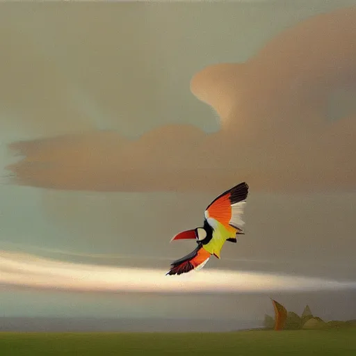 Prompt: Giant toucans fly through the air, as a tornado approaches, by Takashi Murakami, Edward Hopper, Bo Bartlett, and Cynthia Sheppard, Artstation