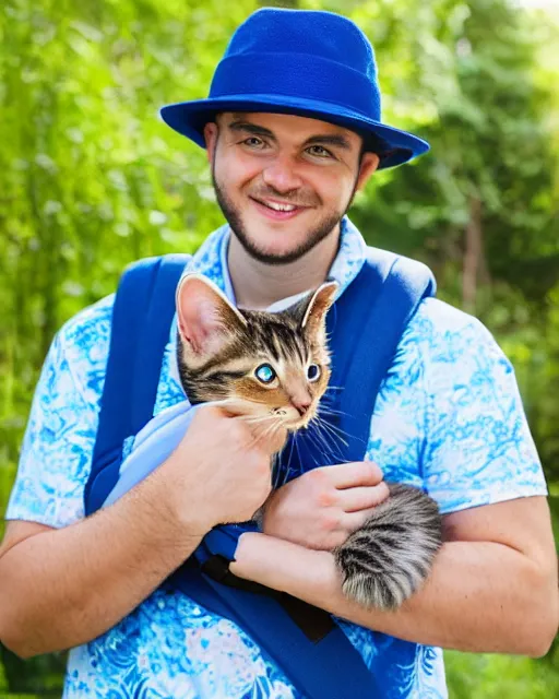 Prompt: gentlemen wearing a cobalt blue vilt hat and wearing a baby sling with floral print with a kitten inside, color studio portrait, golden ratio, backlit, happy, detailed eyes