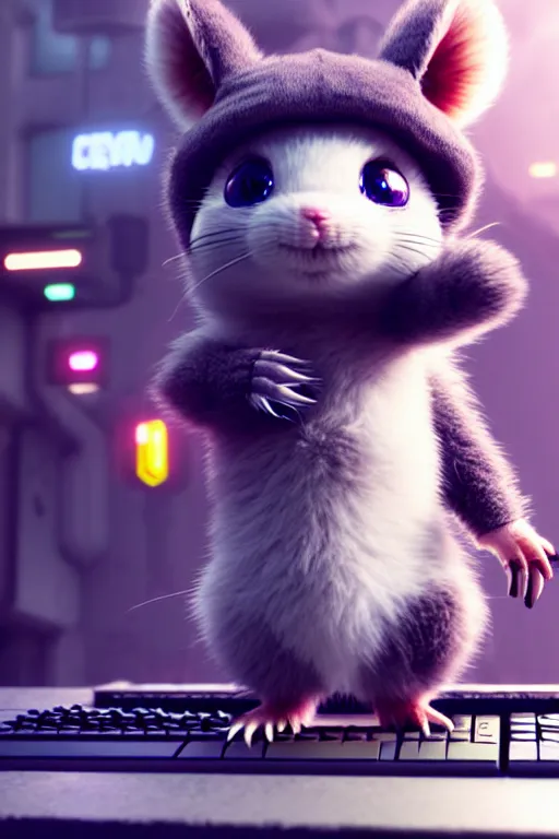 Image similar to high quality 3 d render very cute fluffy cyborg!! rat plays keyboard, cyberpunk highly detailed, unreal engine cinematic smooth, in the style of blade runner & detective pikachu, hannah yata charlie immer, moody light, low angle, uhd 8 k, sharp focus