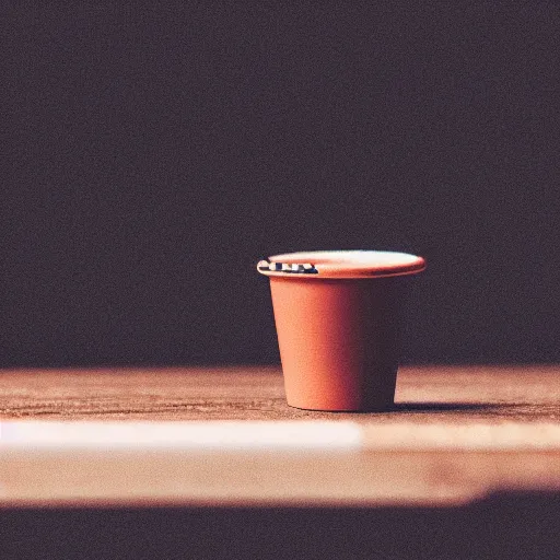 Prompt: a small man siting on an edge of cup