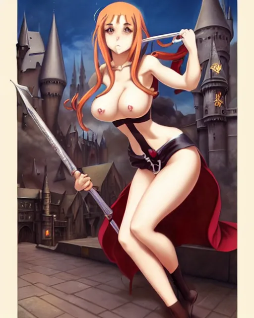 Prompt: pinup photo of cute caracal in the crowded square of hogwarts, asuna by a - 1 pictures, by by peter mohrbacher, gil elvgren, enoch bolles, glossy skin, pearlescent, anime, very coherent, sao style anime, flat