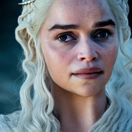 Prompt: A still of Daenerys Targaryen as Kim Kardashian, smiling