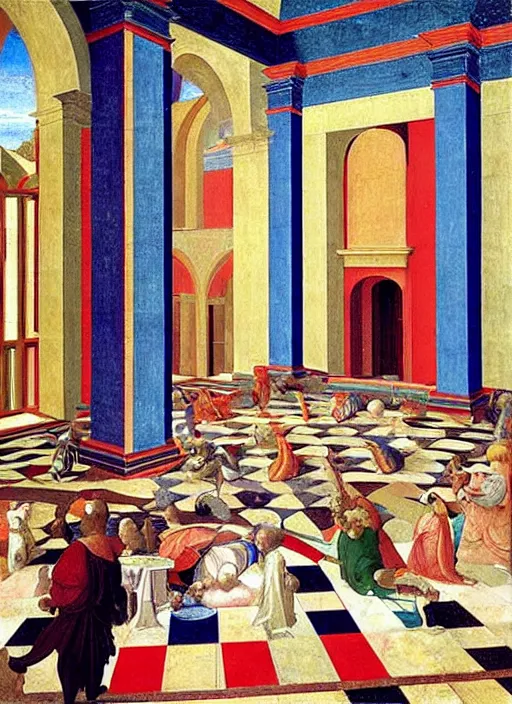 Image similar to renaissance painting of a room in central perspective marble checkered floor and bright colors, geometrically precise in the style of piero della francesca, primary colors, happy color palette