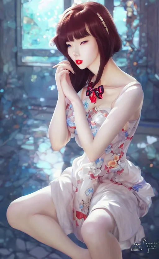 Image similar to a pin up and beautiful fashion charming dreamlke korea girl with lv jewelry, character art, art by artgerm lau and kyoung hwan kim and and ilya kuvshinov and john singer sargent, hyperdetailed, 8 k realistic, symmetrical, frostbite 3 engine, cryengine, dof, trending on artstation, digital art