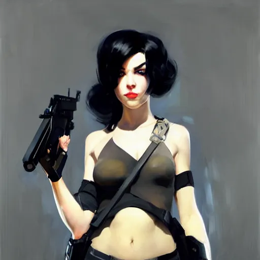 Image similar to greg manchess portrait painting of white pale girl with black hair as overwatch character, medium shot, asymmetrical, profile picture, organic painting, sunny day, matte painting, bold shapes, hard edges, street art, trending on artstation, by huang guangjian and gil elvgren and sachin teng