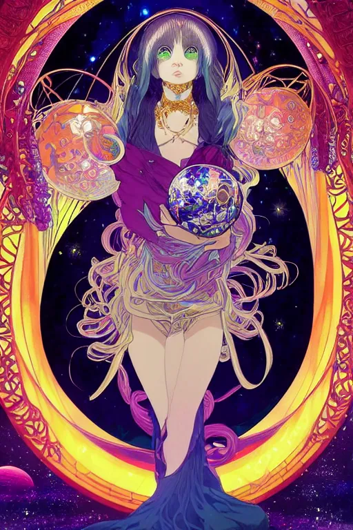 Prompt: psychedelic, intricate, highly detailed, anime, 4k, beautiful seductive woman holding a huge orb containing the universe, with professional makeup, long trippy hair, surrounded by gems, underneath the stars, trending on patreon, deviantart, twitter, artstation, volumetric lighting, heavy contrast, by artgerm and Ilya Kuvshinov and alphonse mucha, interstellar galaxy