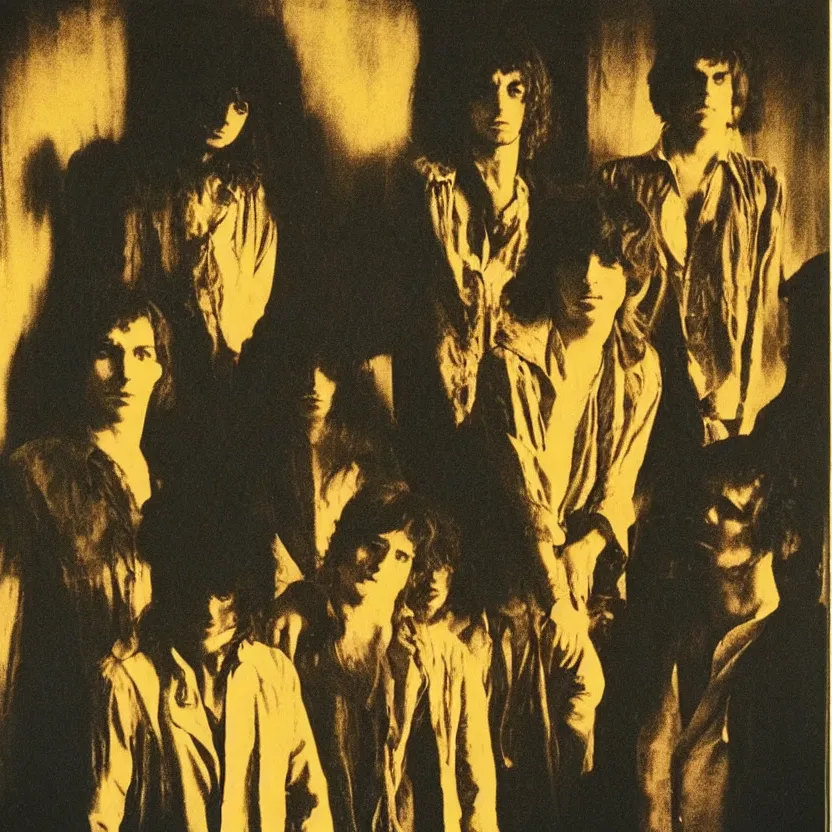 Prompt: a few men standing next to each other in a dark room, an album cover by Syd Barrett, pinterest, mannerism, antichrist, top lighting, 1970s