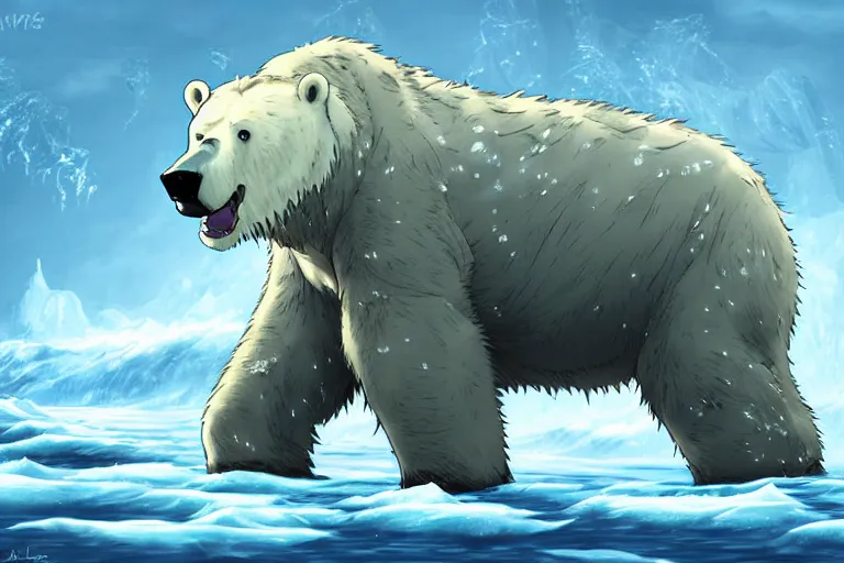 Image similar to cell shaded cartoon of a giant lovecraftian mechanized polar bear from howl's moving castle ( 2 0 0 4 ), wading through an icy river, full body, wide shot, very muted colors, post grunge, studio ghibli, highly detailed, deviantart, art by artgem