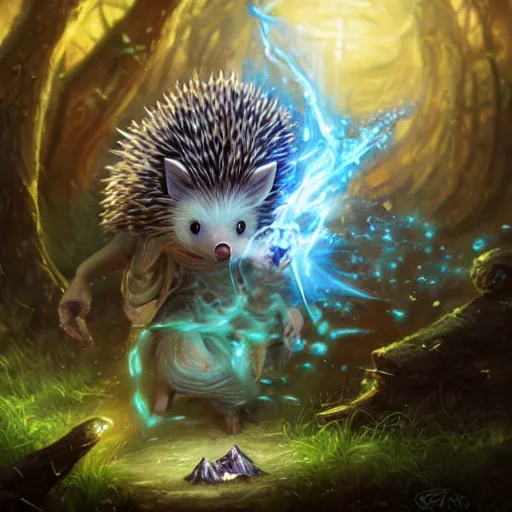 Prompt: Hedgehog magus, Tzeentch, portrait, nature, fairy, forest background, magic the gathering artwork, D&D, fantasy, cinematic lighting, centered, symmetrical, highly detailed, digital painting, artstation, concept art, smooth, sharp focus, illustration, volumetric lighting, epic Composition, 8k, art by Akihiko Yoshida and Greg Rutkowski and Craig Mullins, oil painting, cgsociety