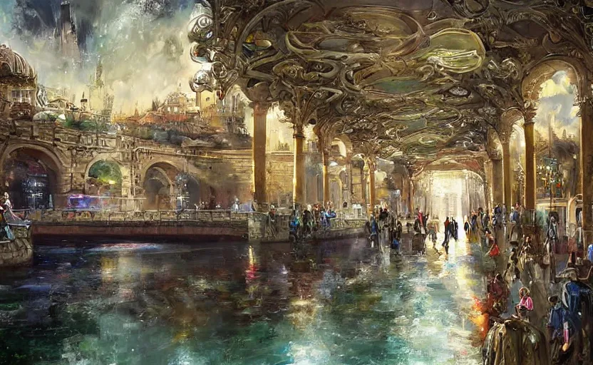 Image similar to An urban train rides inside of a waterway on a fantasy city, next to a fountain and a mystical palace. By Konstantin Razumov, horror scene, highly detailded