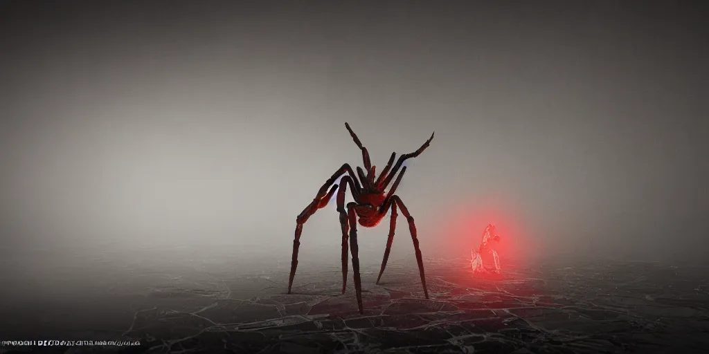 Image similar to spider\, horror, dark cinematic, volumetric, realistic, 3d render, Realistic Render, Cinematic lighting, Volumetric lighting, atmospheric, cinematic, unreal engine, unreal engine render, octane render, HD, photorealism, hyper realistic, photo, 8K, in the style of Chris Cunnigham, by Wes Anderson